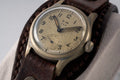 Close-up of KM Alpina 592 vintage wristwatch, WWII military design, classic craftsmanship