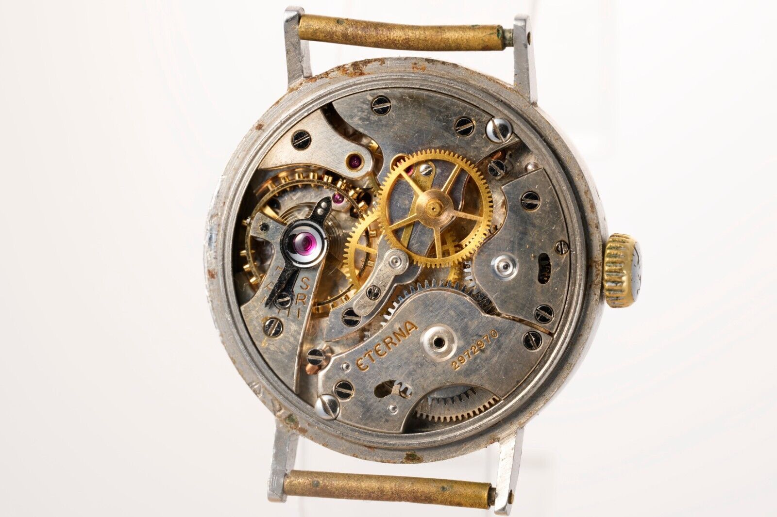 Back view of Eterna vintage watch Cal. 520S, Swiss-made, rare watch, vintage military heritage