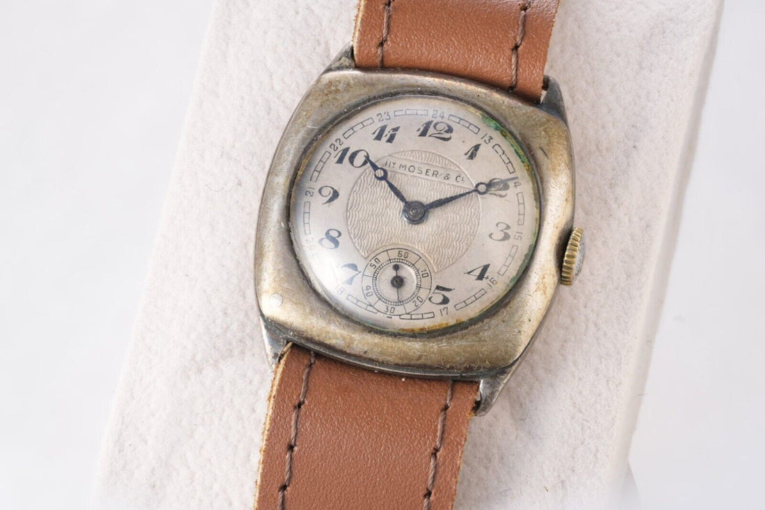 Hy. Moser watch vintage Silver case cushion wristwatch Guilloche dial