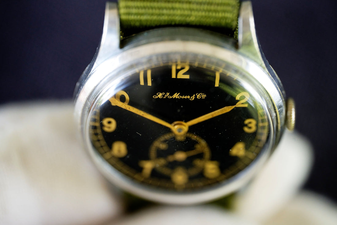 H. Moser cie military black gilt dial vintage watch 33mm